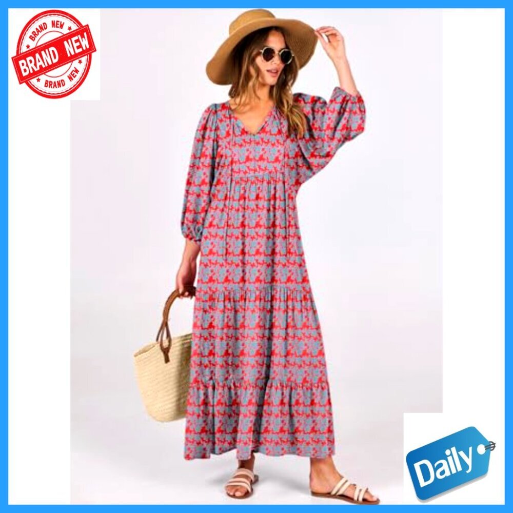 Boho Maxi Dress with Puff Sleeves, V-Neck, Flowy Swing Fit - Picture 2 of 7